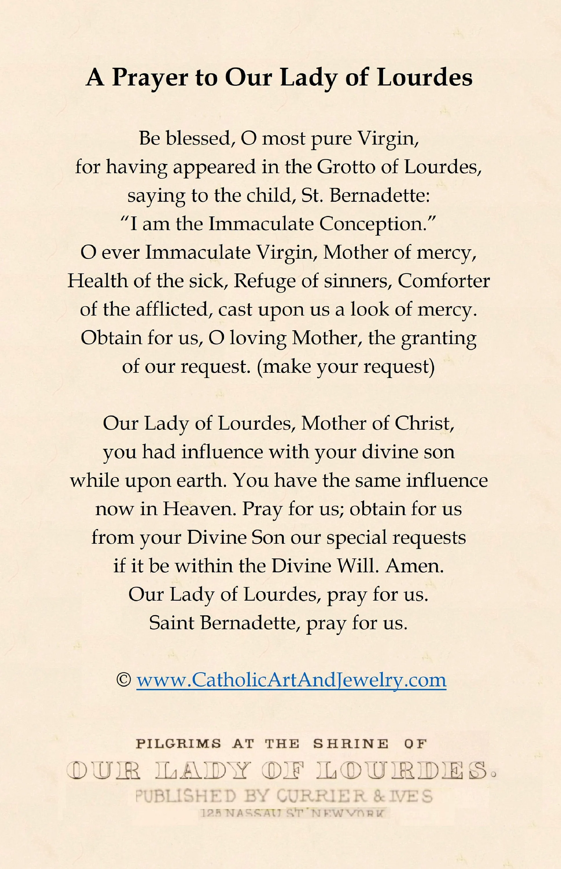 Currier & Ive's "Pilgrims to Lourdes" Holy Card – Healing Prayer – pack of 10/100/1000