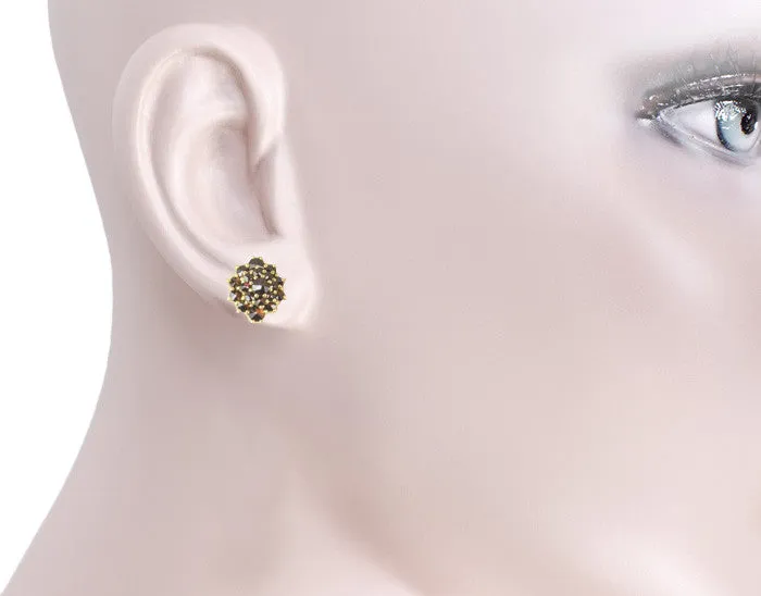 Czech Bohemian Garnet Victorian Stud Earrings in 14K Yellow Gold and Sterling Silver Vermeil