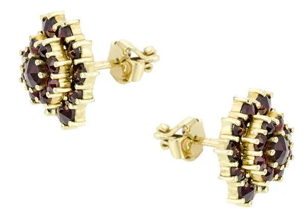 Czech Bohemian Garnet Victorian Stud Earrings in 14K Yellow Gold and Sterling Silver Vermeil