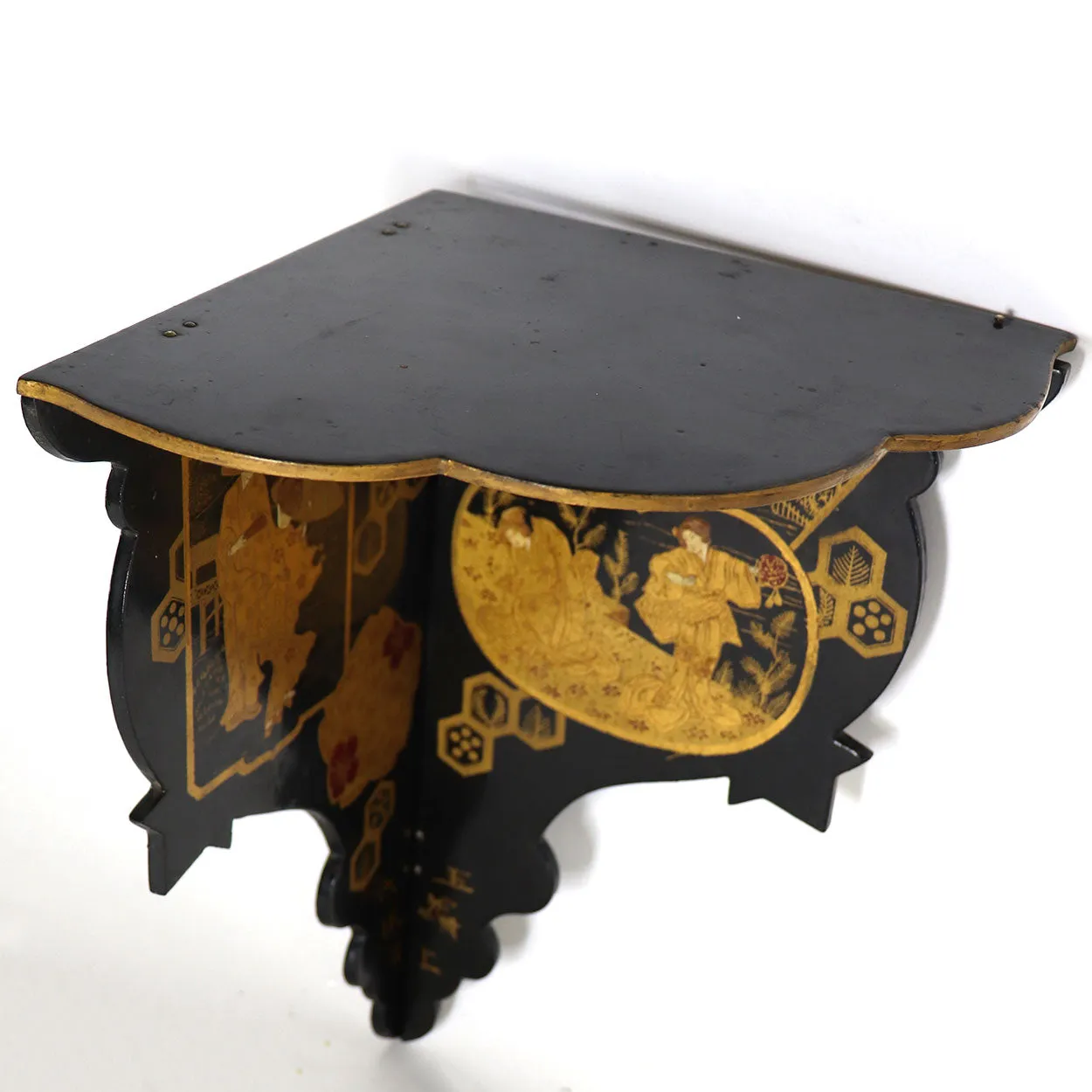 English Papier-Mache Black and Gold Lacquer Hanging Corner Display Shelf