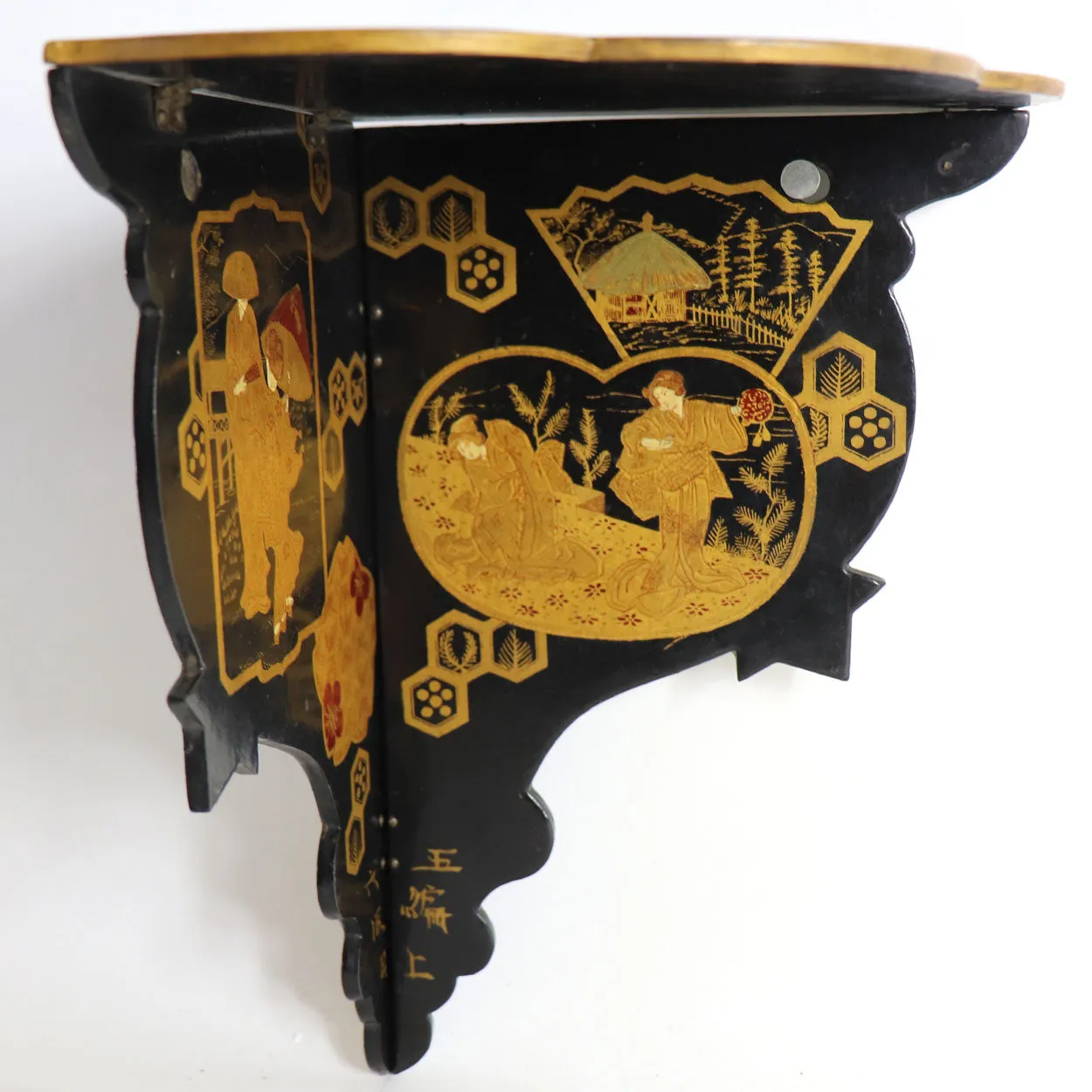 English Papier-Mache Black and Gold Lacquer Hanging Corner Display Shelf