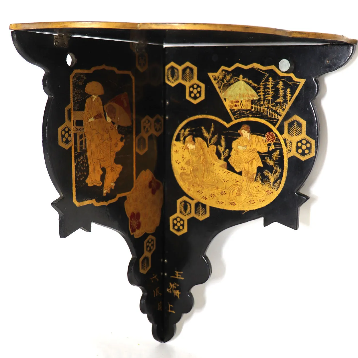English Papier-Mache Black and Gold Lacquer Hanging Corner Display Shelf