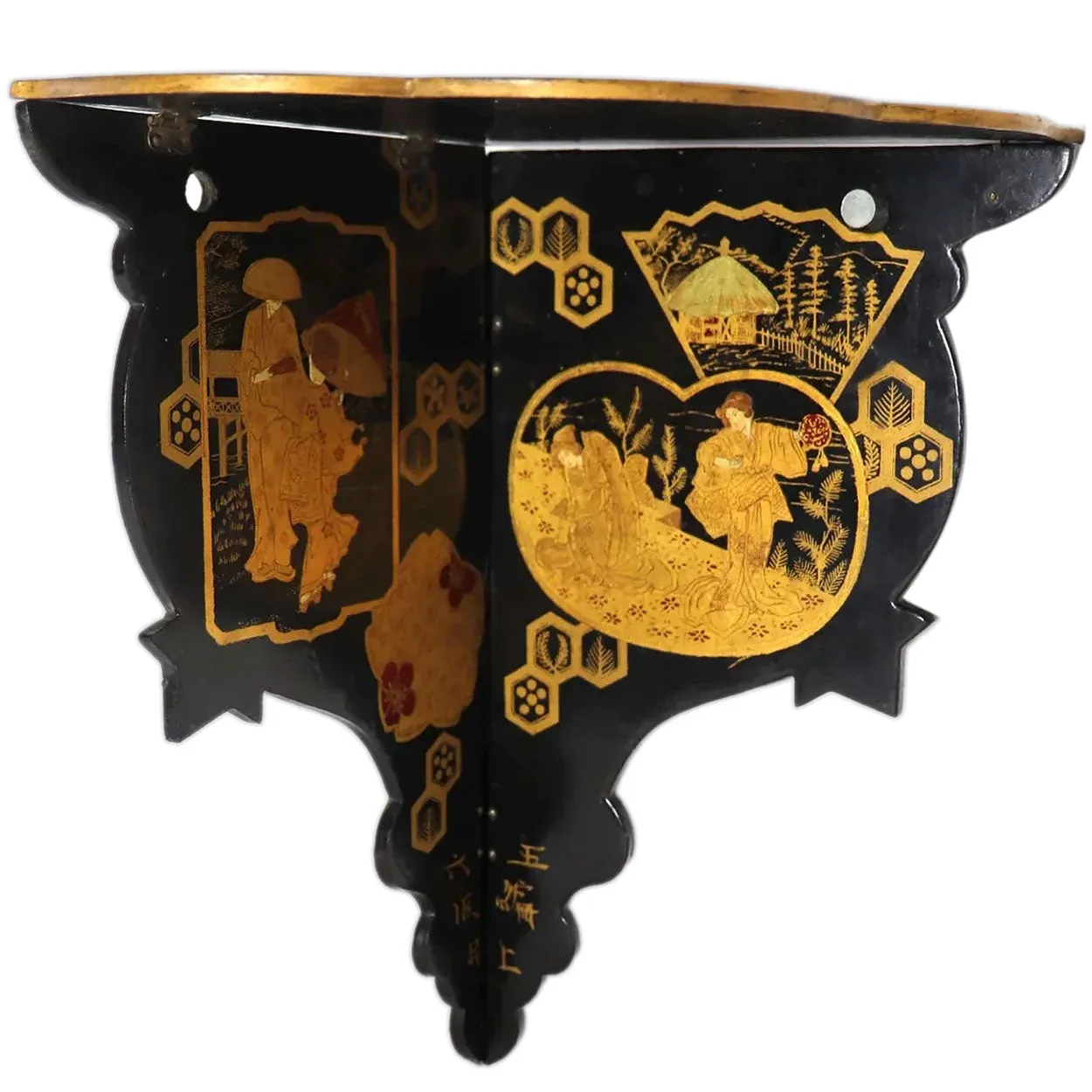 English Papier-Mache Black and Gold Lacquer Hanging Corner Display Shelf