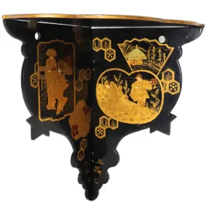 English Papier-Mache Black and Gold Lacquer Hanging Corner Display Shelf