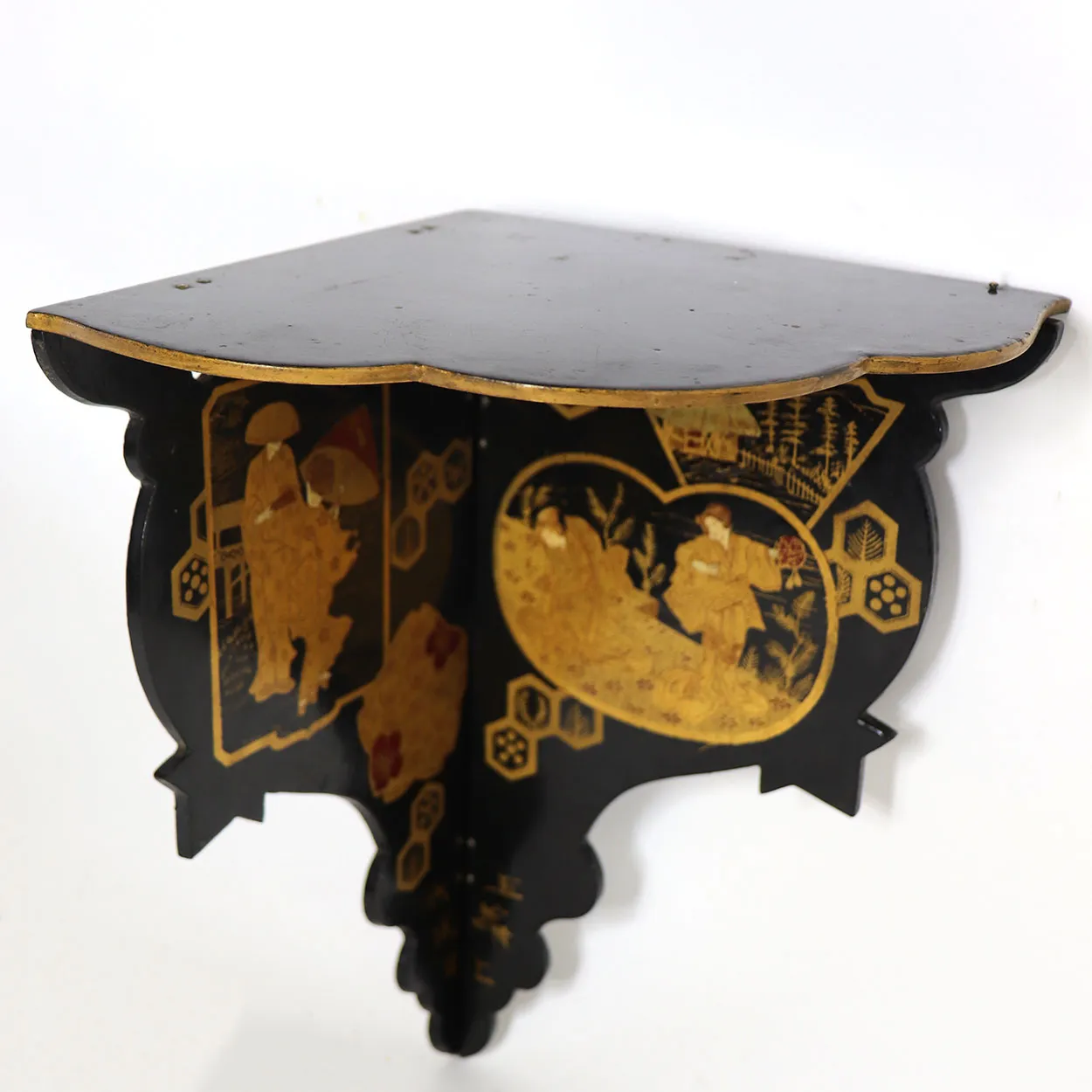 English Papier-Mache Black and Gold Lacquer Hanging Corner Display Shelf
