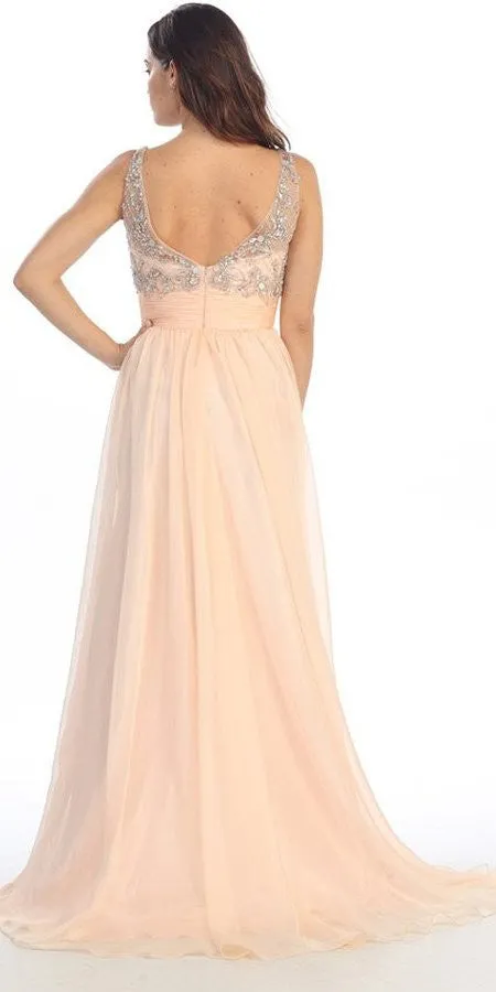 Eureka 3007 Sheer Yoke Jewel Neckline Long A-Line Gown