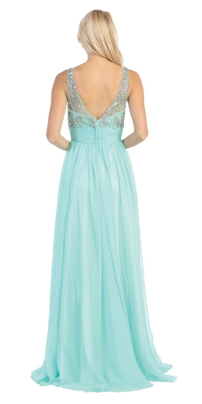 Eureka 3007 Sheer Yoke Jewel Neckline Long A-Line Gown