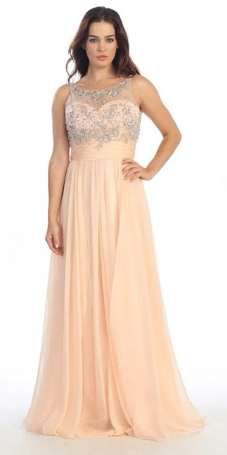 Eureka 3007 Sheer Yoke Jewel Neckline Long A-Line Gown