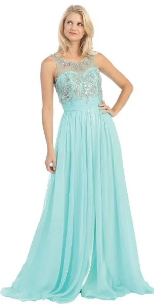Eureka 3007 Sheer Yoke Jewel Neckline Long A-Line Gown
