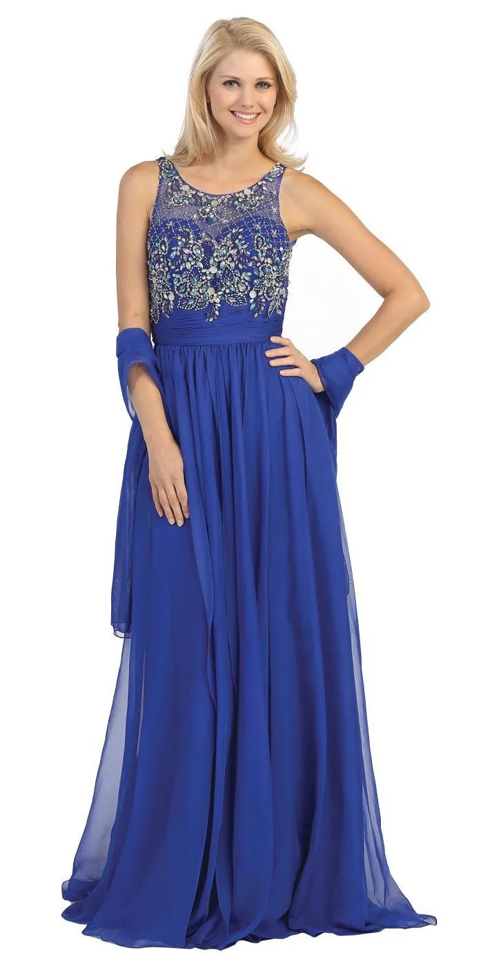 Eureka 3007 Sheer Yoke Jewel Neckline Long A-Line Gown
