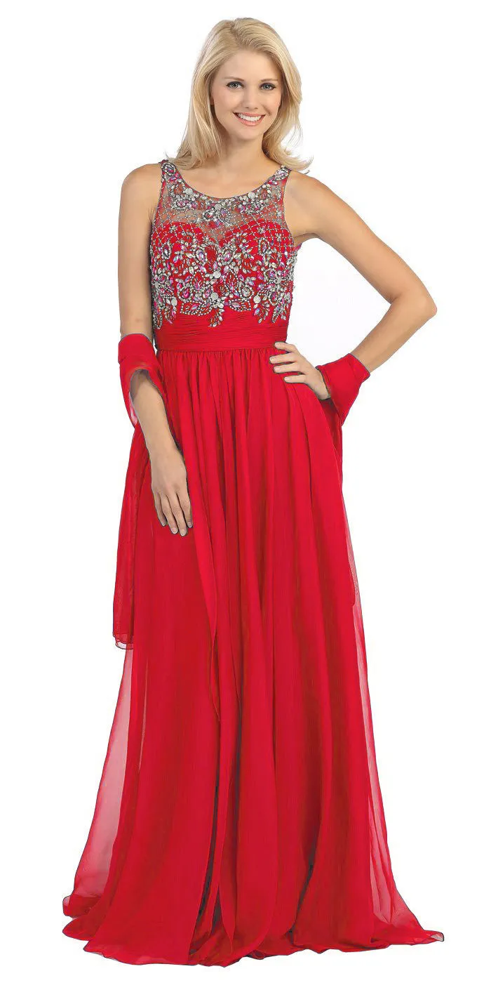 Eureka 3007 Sheer Yoke Jewel Neckline Long A-Line Gown