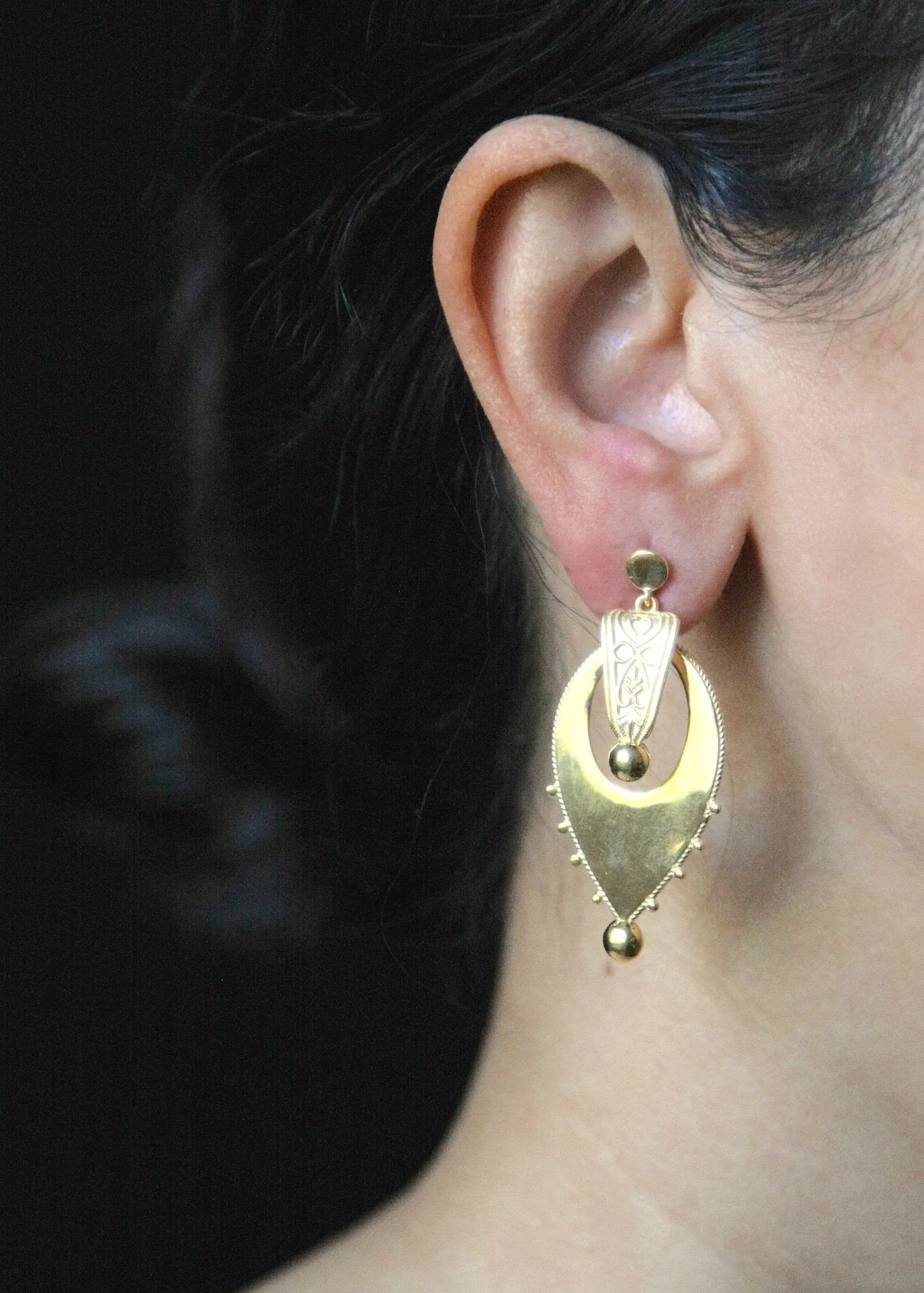 Exquisite, gold plated, inverted-drop shape Victorian earrings
