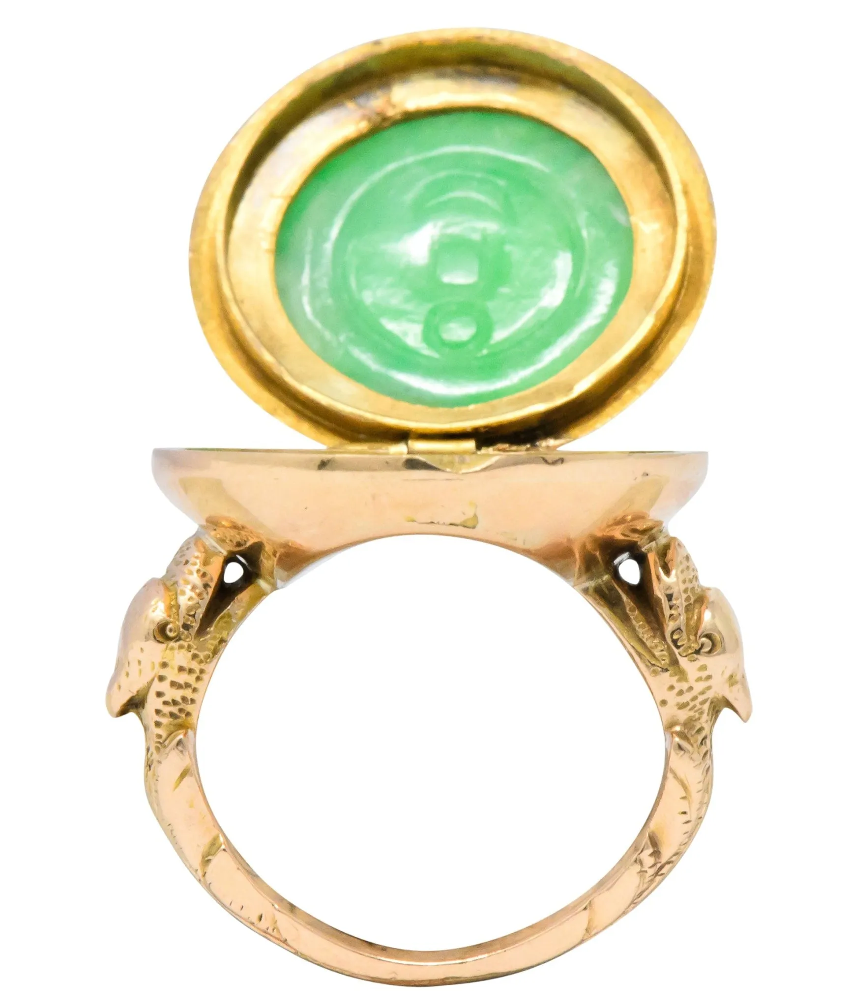 Fascinating Victorian Carved Jade 14 Karat Gold Poison Locket Ring