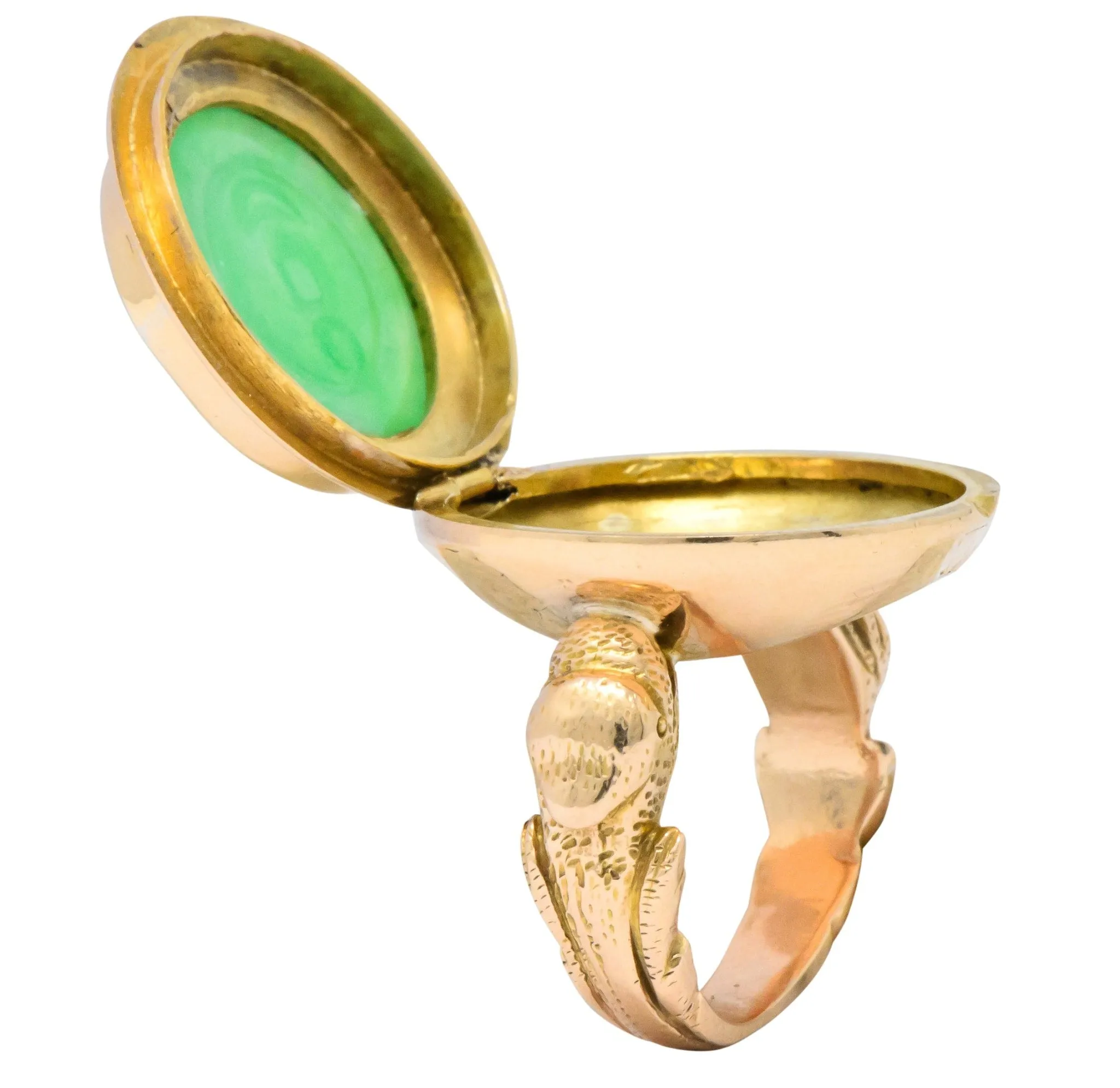 Fascinating Victorian Carved Jade 14 Karat Gold Poison Locket Ring
