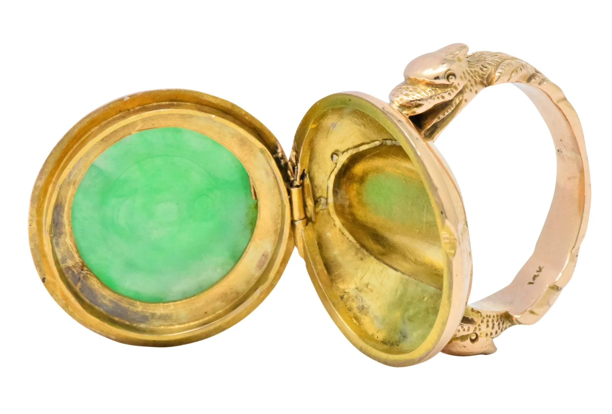 Fascinating Victorian Carved Jade 14 Karat Gold Poison Locket Ring