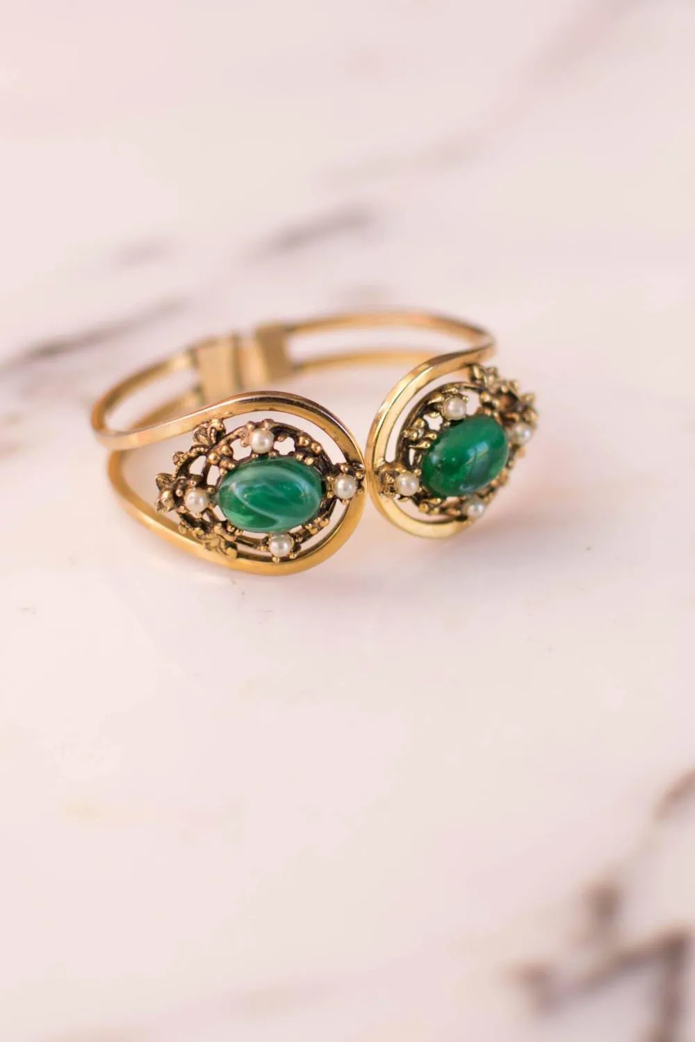 Faux Emerald and Seed Pearl Victorian Revival Clamper Bracelet