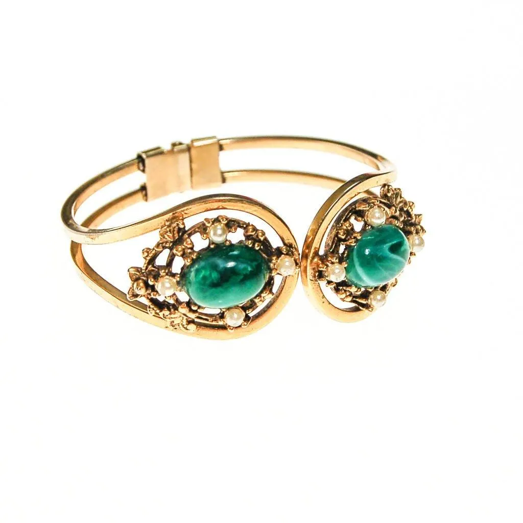 Faux Emerald and Seed Pearl Victorian Revival Clamper Bracelet