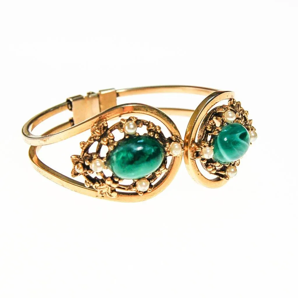 Faux Emerald and Seed Pearl Victorian Revival Clamper Bracelet