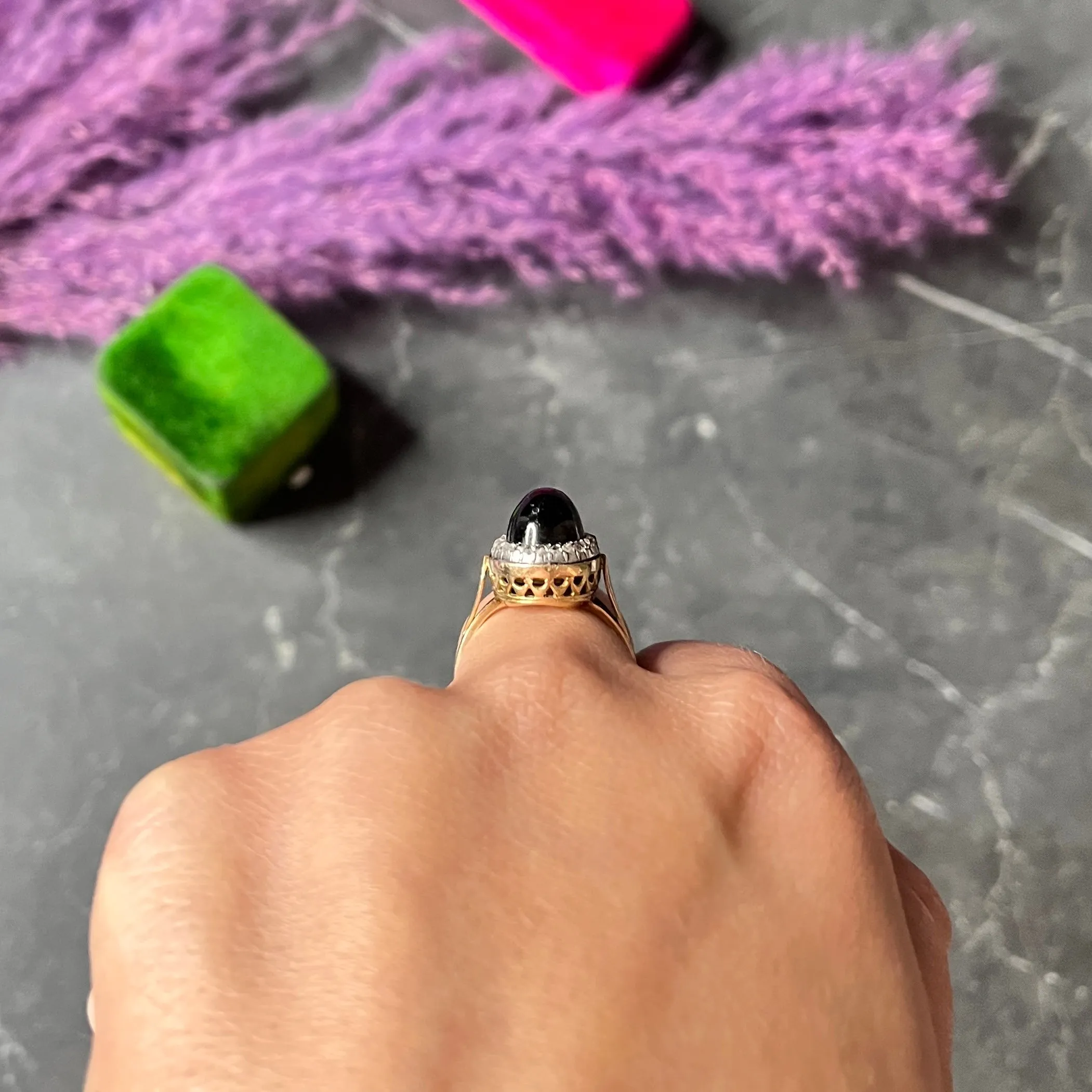 French Victorian Garnet Diamond 18 Karat Yellow Gold Silver Antique Cluster Gemstone Ring