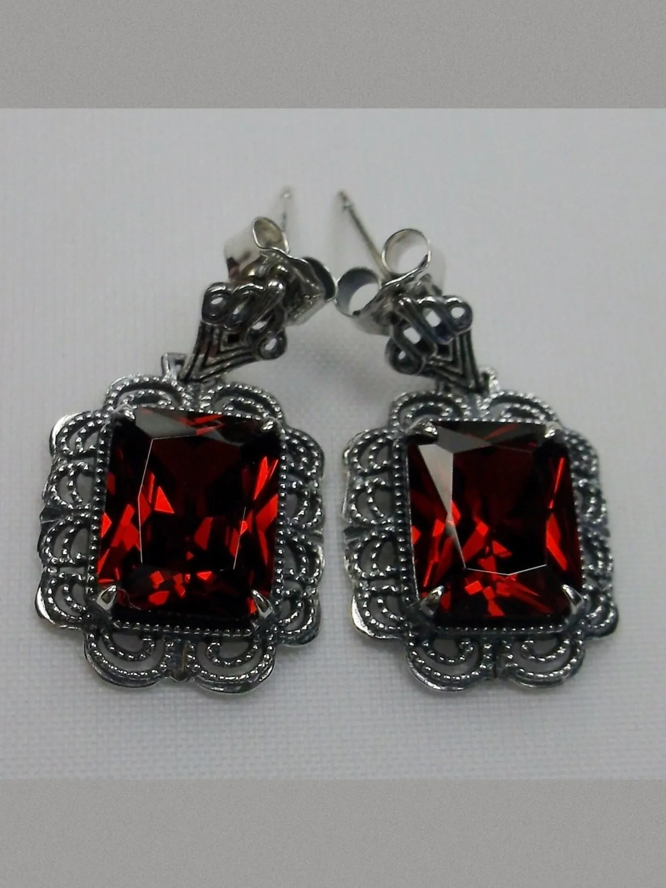 Garnet CZ Earrings, Short Festoon Filigree, Victorian Reproduction Jewelry #E8z