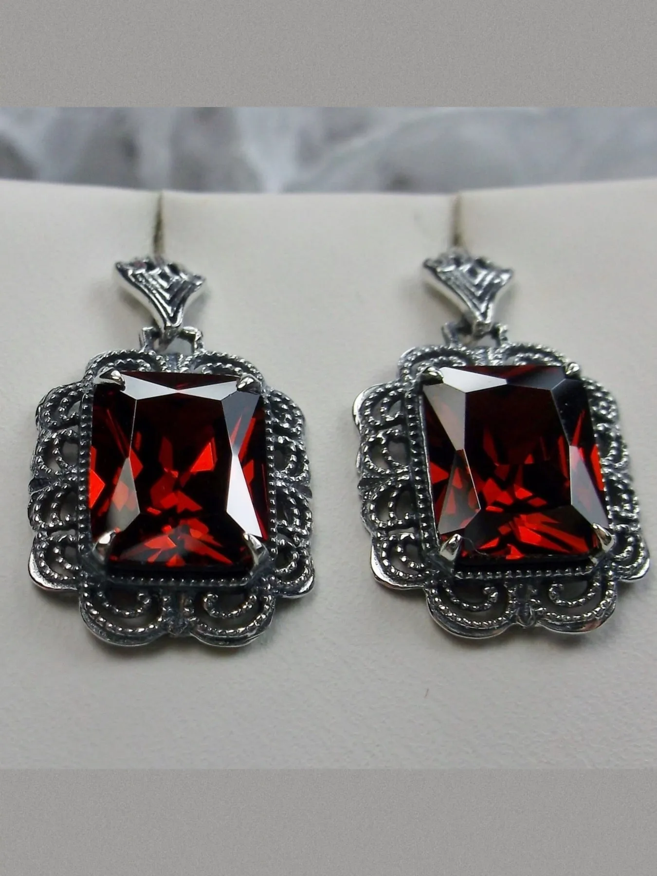 Garnet CZ Earrings, Short Festoon Filigree, Victorian Reproduction Jewelry #E8z