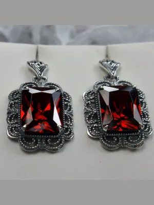 Garnet CZ Earrings, Short Festoon Filigree, Victorian Reproduction Jewelry #E8z