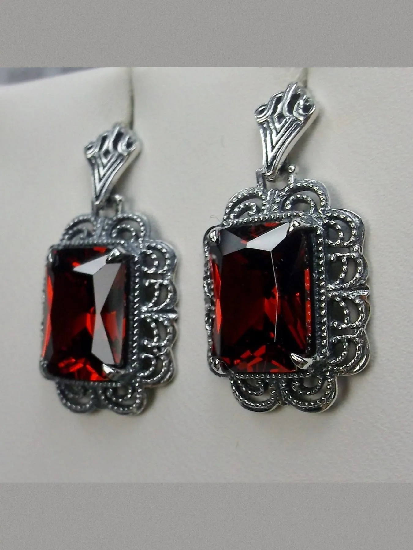 Garnet CZ Earrings, Short Festoon Filigree, Victorian Reproduction Jewelry #E8z