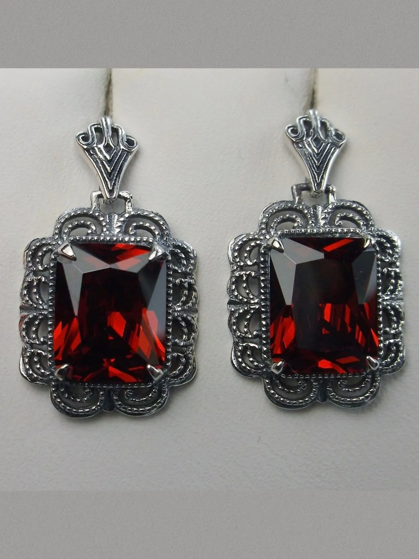 Garnet CZ Earrings, Short Festoon Filigree, Victorian Reproduction Jewelry #E8z