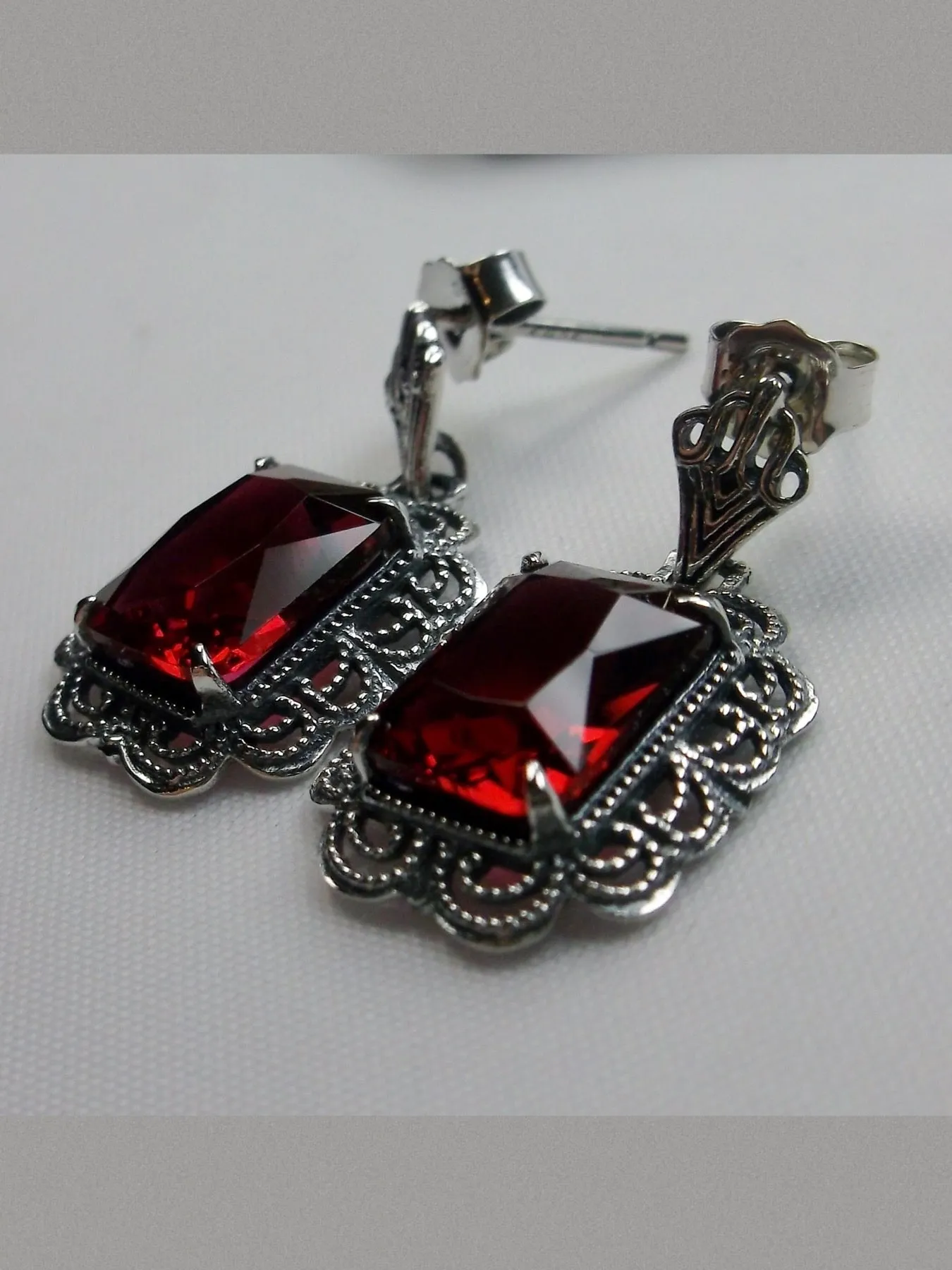 Garnet CZ Earrings, Short Festoon Filigree, Victorian Reproduction Jewelry #E8z