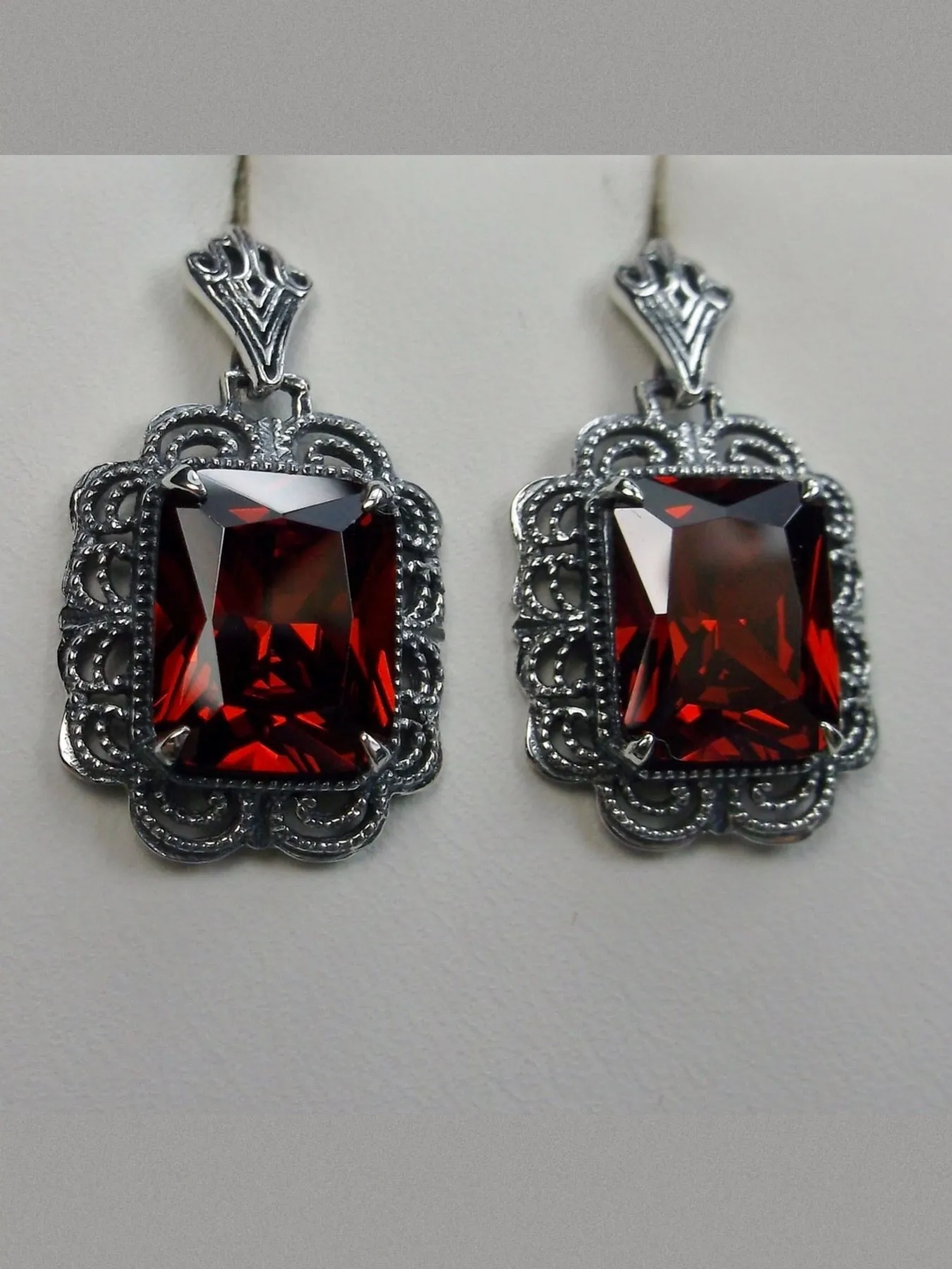 Garnet CZ Earrings, Short Festoon Filigree, Victorian Reproduction Jewelry #E8z