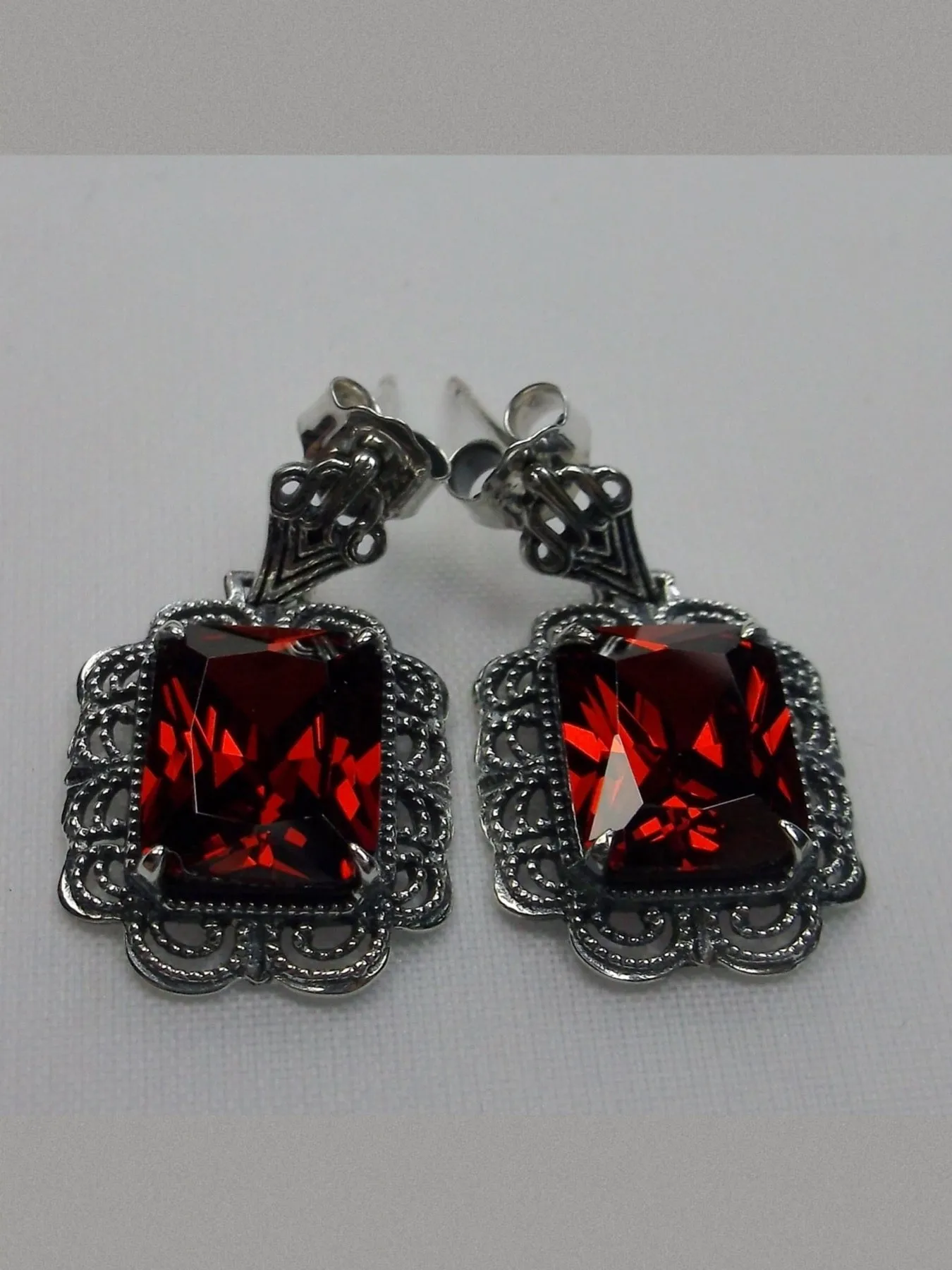 Garnet CZ Earrings, Short Festoon Filigree, Victorian Reproduction Jewelry #E8z