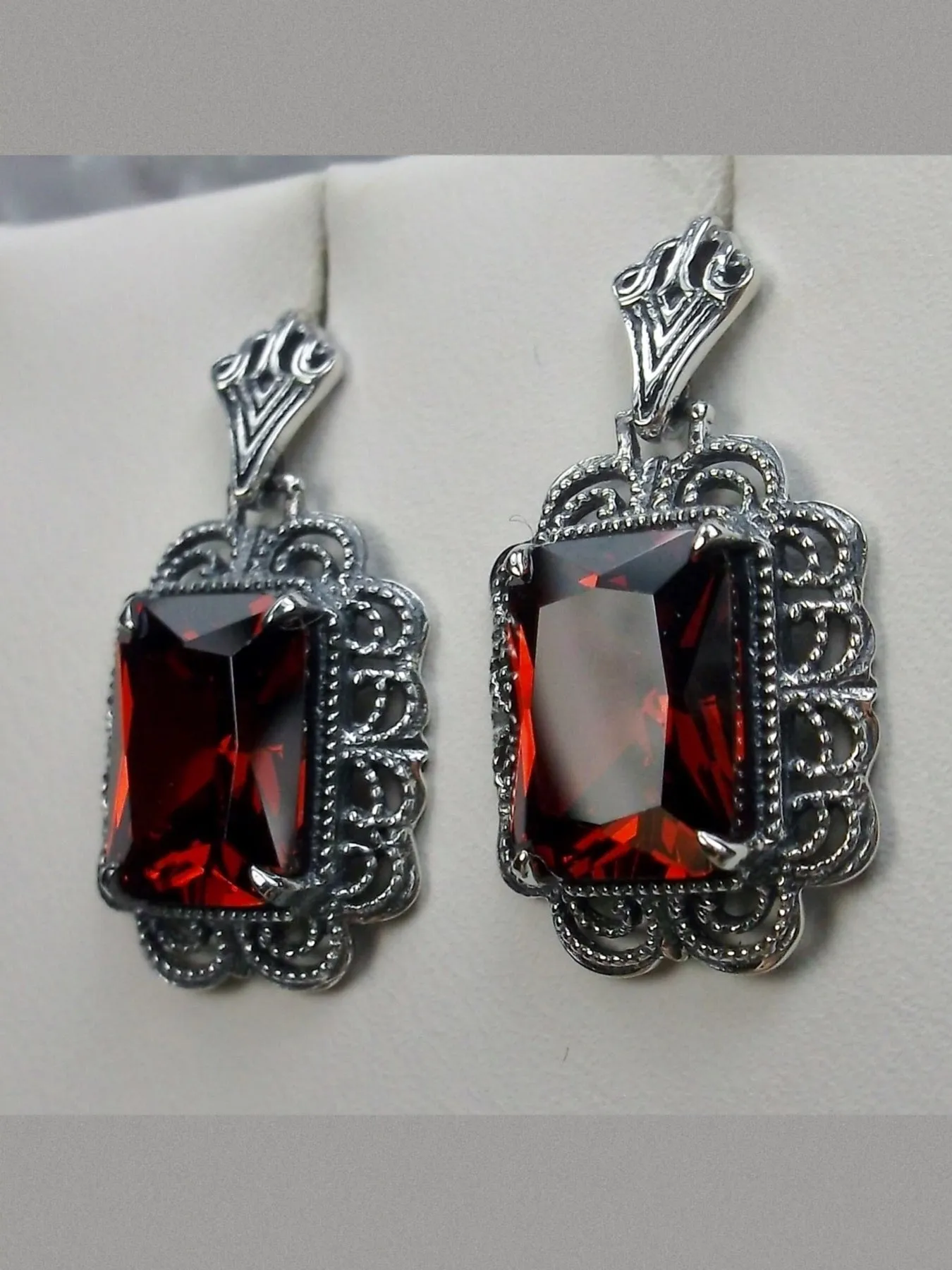 Garnet CZ Earrings, Short Festoon Filigree, Victorian Reproduction Jewelry #E8z