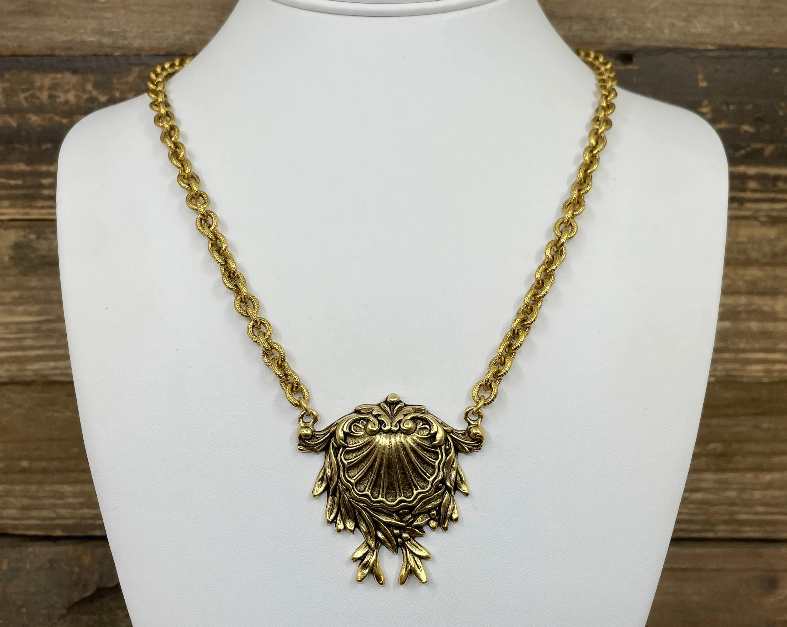 Gold Plated 18" Chain with Vintage Victorian Shell Brooch