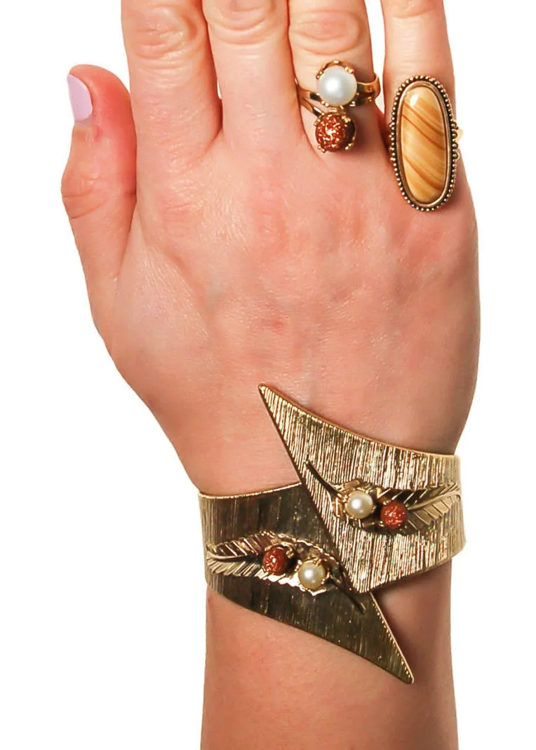 Gold Stone and Pearl Bypass Style Statement Ring,