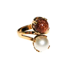 Gold Stone and Pearl Bypass Style Statement Ring,