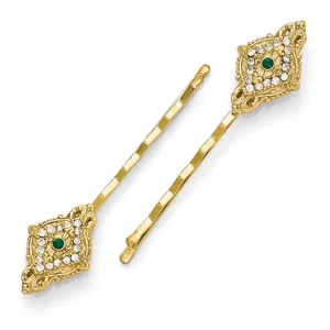 Gold Tone Downton Abbey Green Crystal Portcullis Hairpin Set