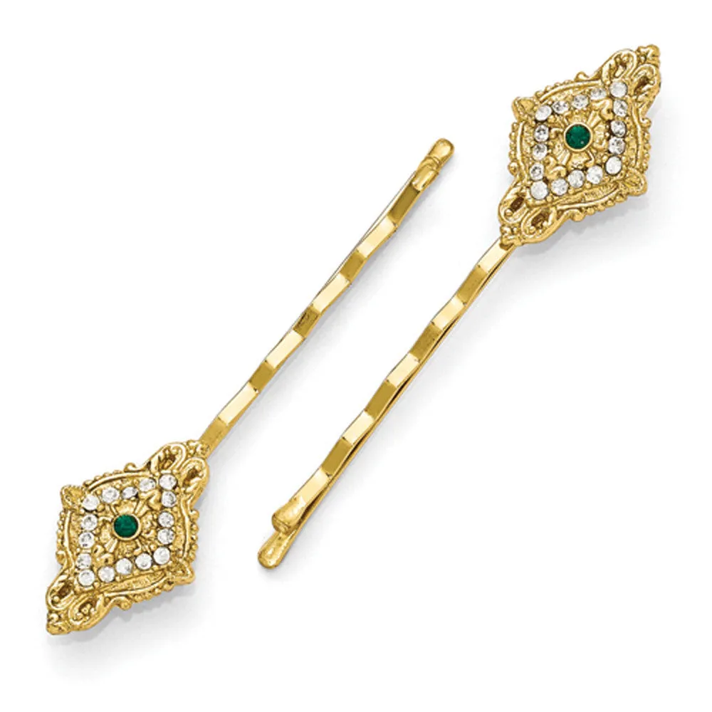 Gold Tone Downton Abbey Green Crystal Portcullis Hairpin Set