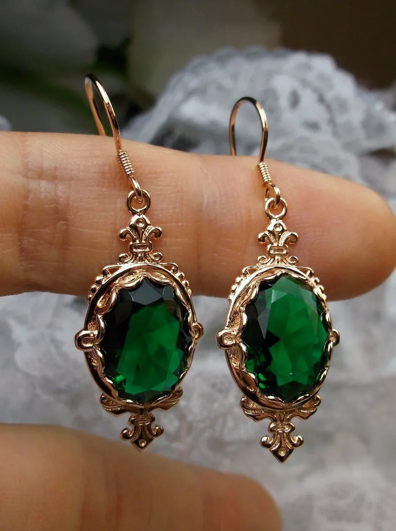 Green Emerald Pin Earrings, Rose Gold plated or Sterling Silver, Stylish Victorian Jewelry Design#E18