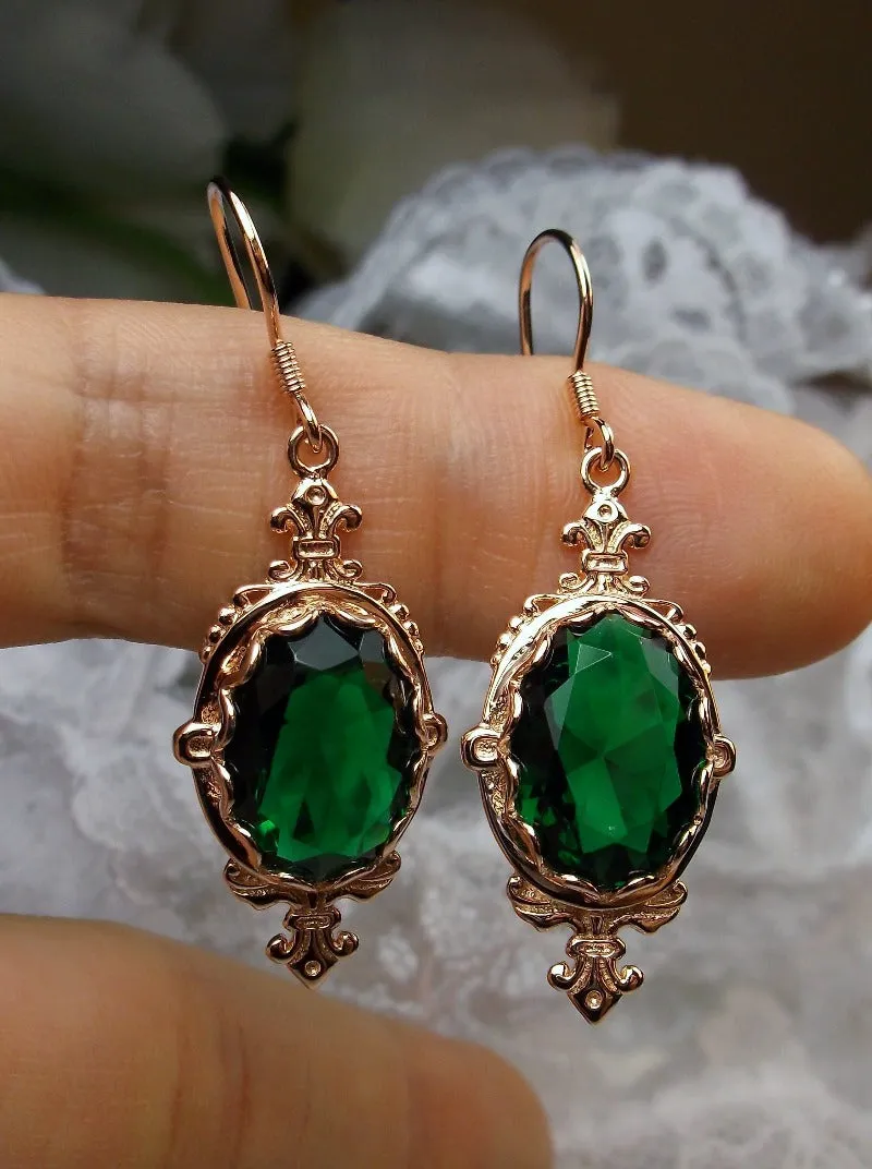 Green Emerald Pin Earrings, Rose Gold plated or Sterling Silver, Stylish Victorian Jewelry Design#E18