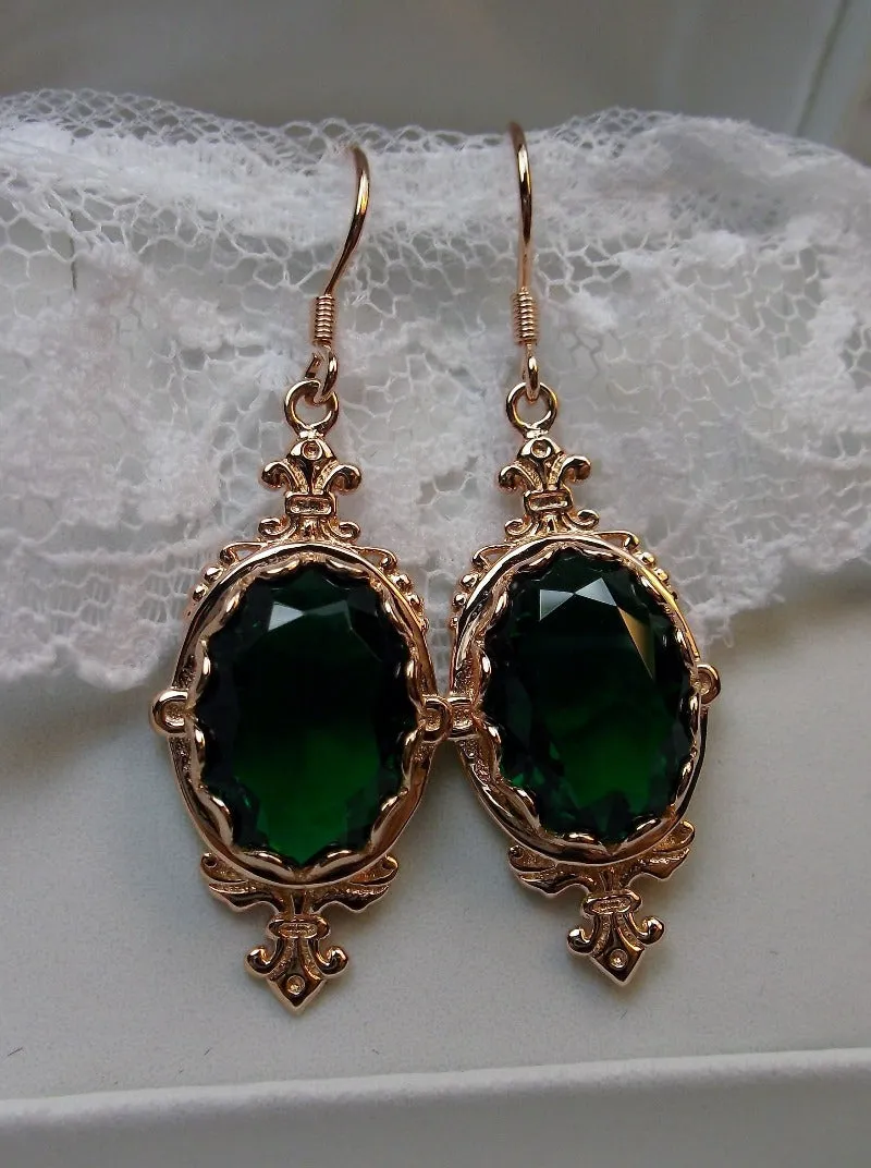 Green Emerald Pin Earrings, Rose Gold plated or Sterling Silver, Stylish Victorian Jewelry Design#E18