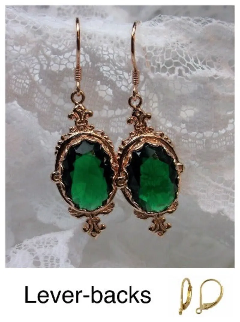 Green Emerald Pin Earrings, Rose Gold plated or Sterling Silver, Stylish Victorian Jewelry Design#E18