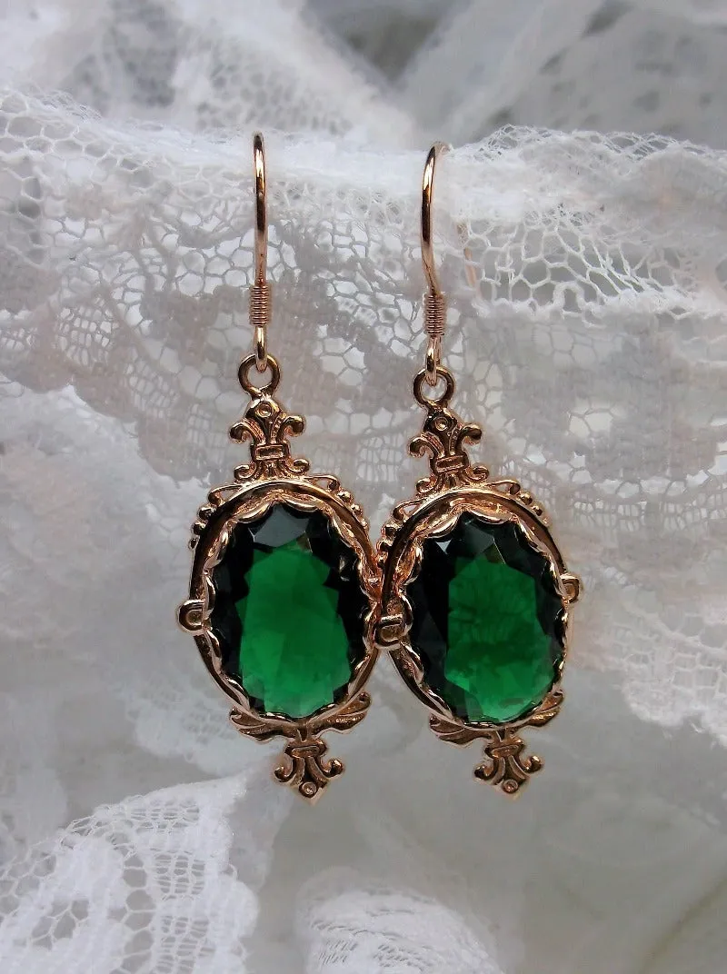 Green Emerald Pin Earrings, Rose Gold plated or Sterling Silver, Stylish Victorian Jewelry Design#E18