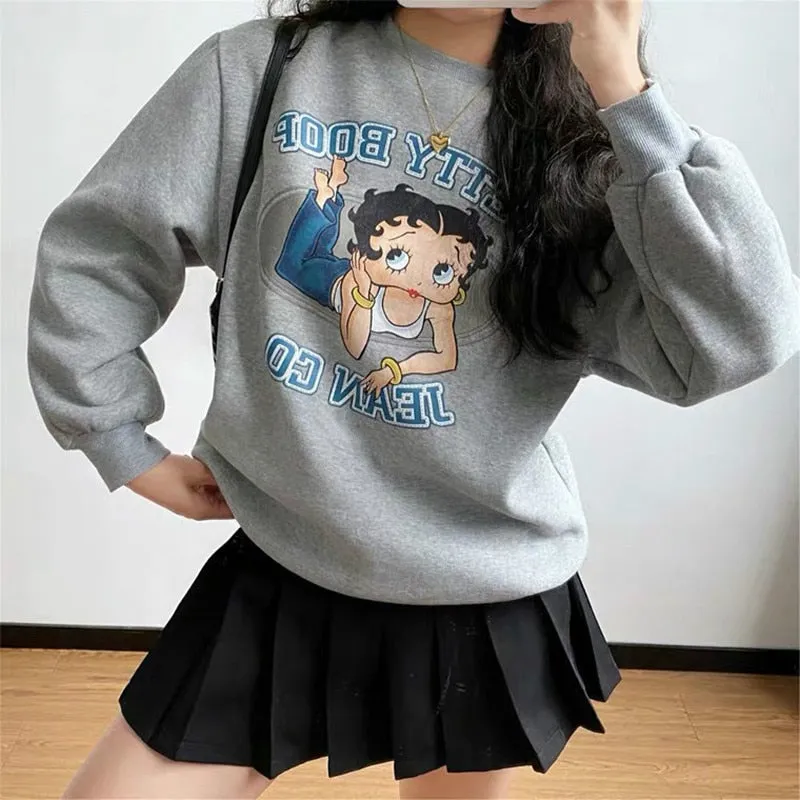 Hillbilly American Vintage Betty Boop Cartoon Printed 80s 90s Pullover Autumn Long Sleeve Cute Jackets Women Warm Sweatshirts