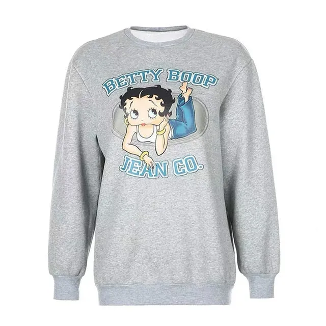 Hillbilly American Vintage Betty Boop Cartoon Printed 80s 90s Pullover Autumn Long Sleeve Cute Jackets Women Warm Sweatshirts