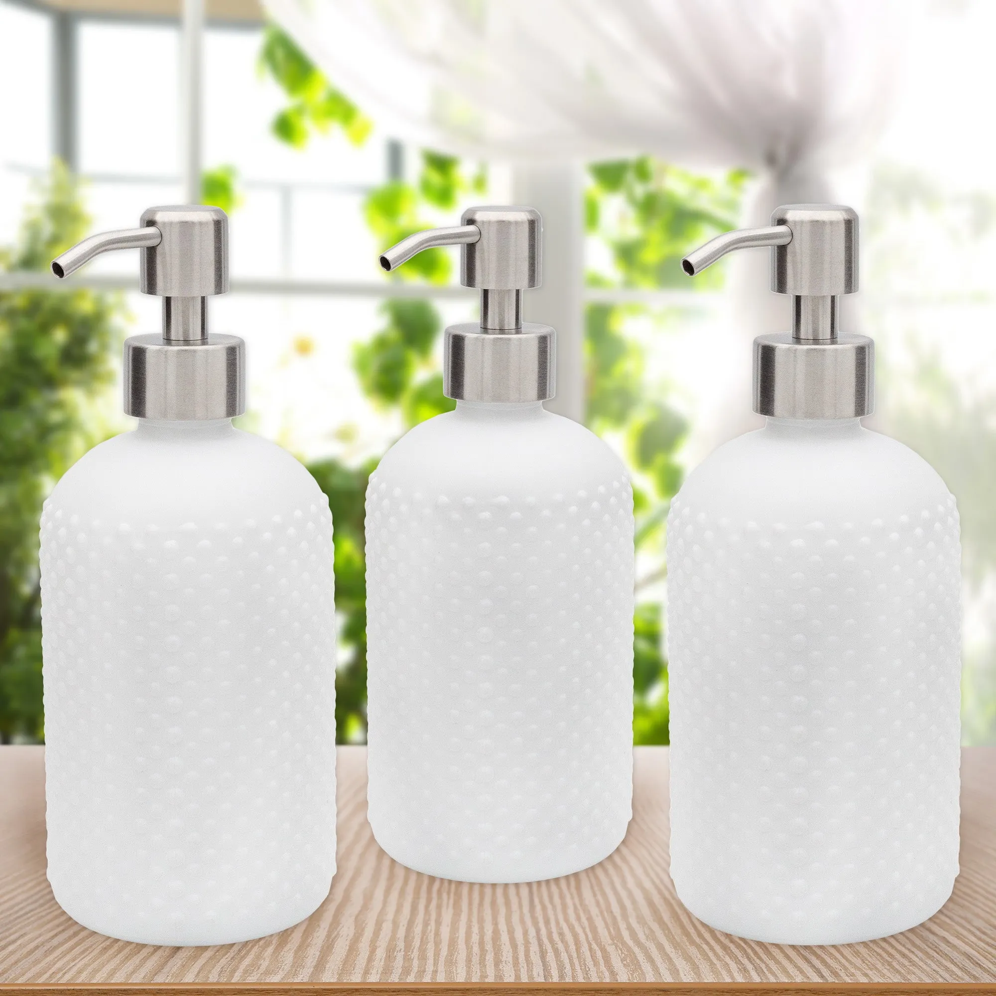Hobnail Glass Soap Dispensers (White, 3-Pack, Case of 16)