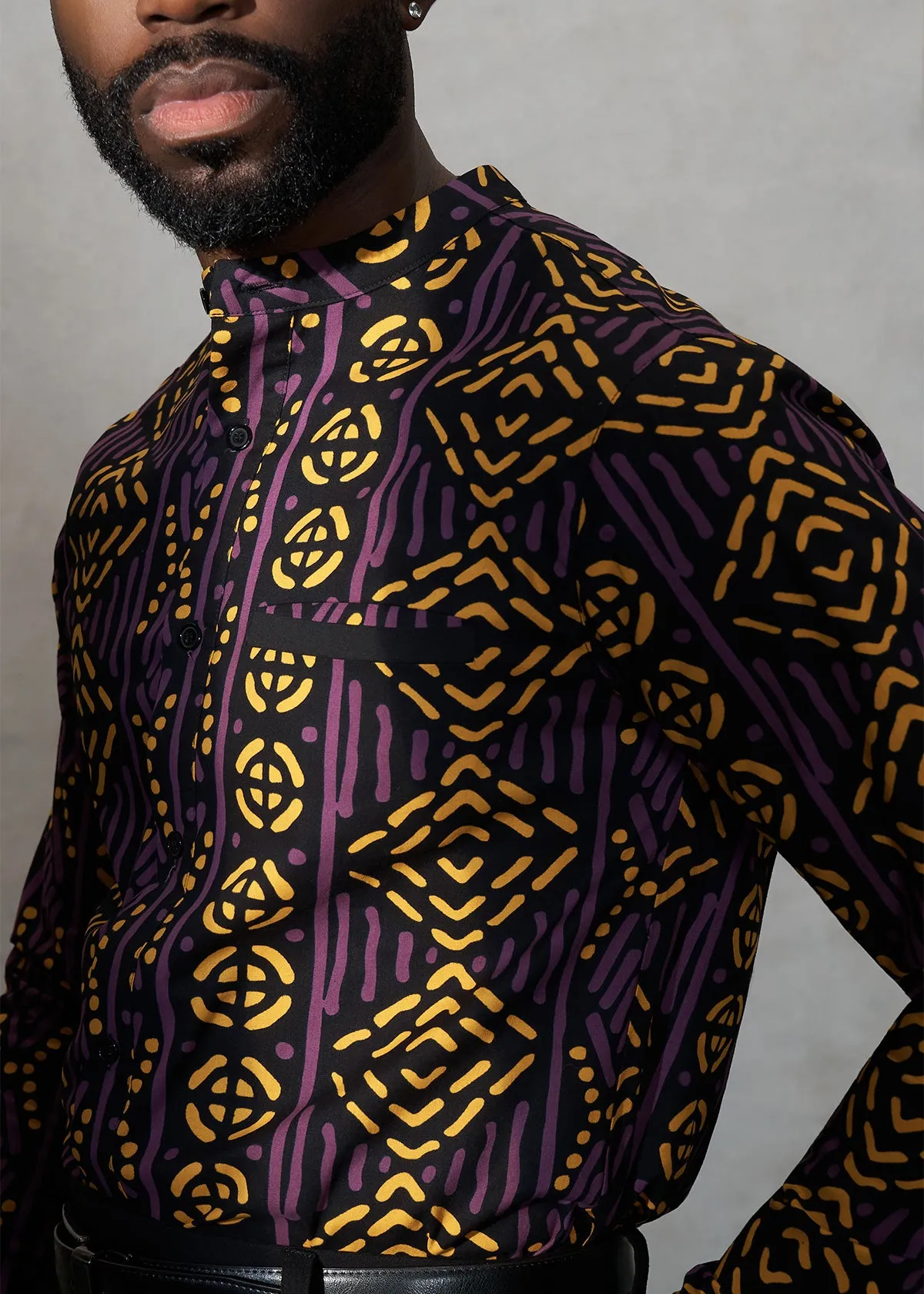 Jamal Men's African Print Mandarin Shirt (Gold Purple Mudcloth)