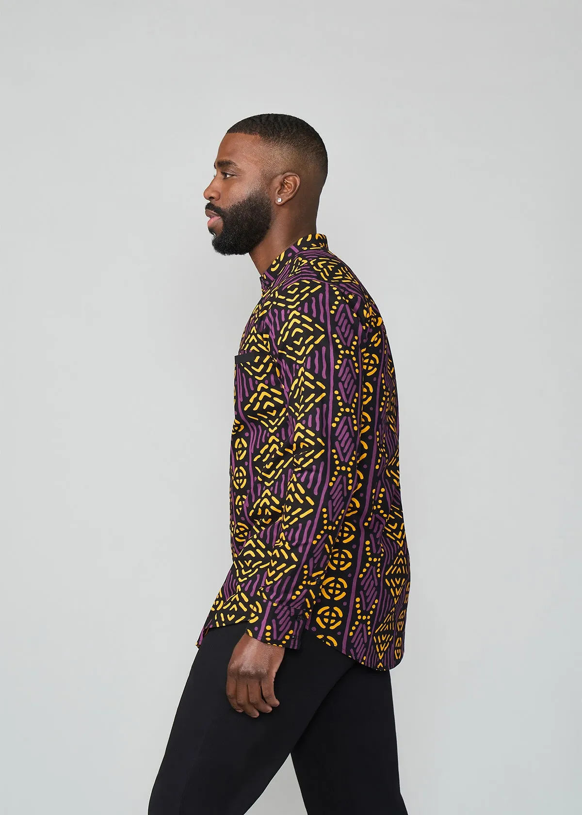 Jamal Men's African Print Mandarin Shirt (Gold Purple Mudcloth)