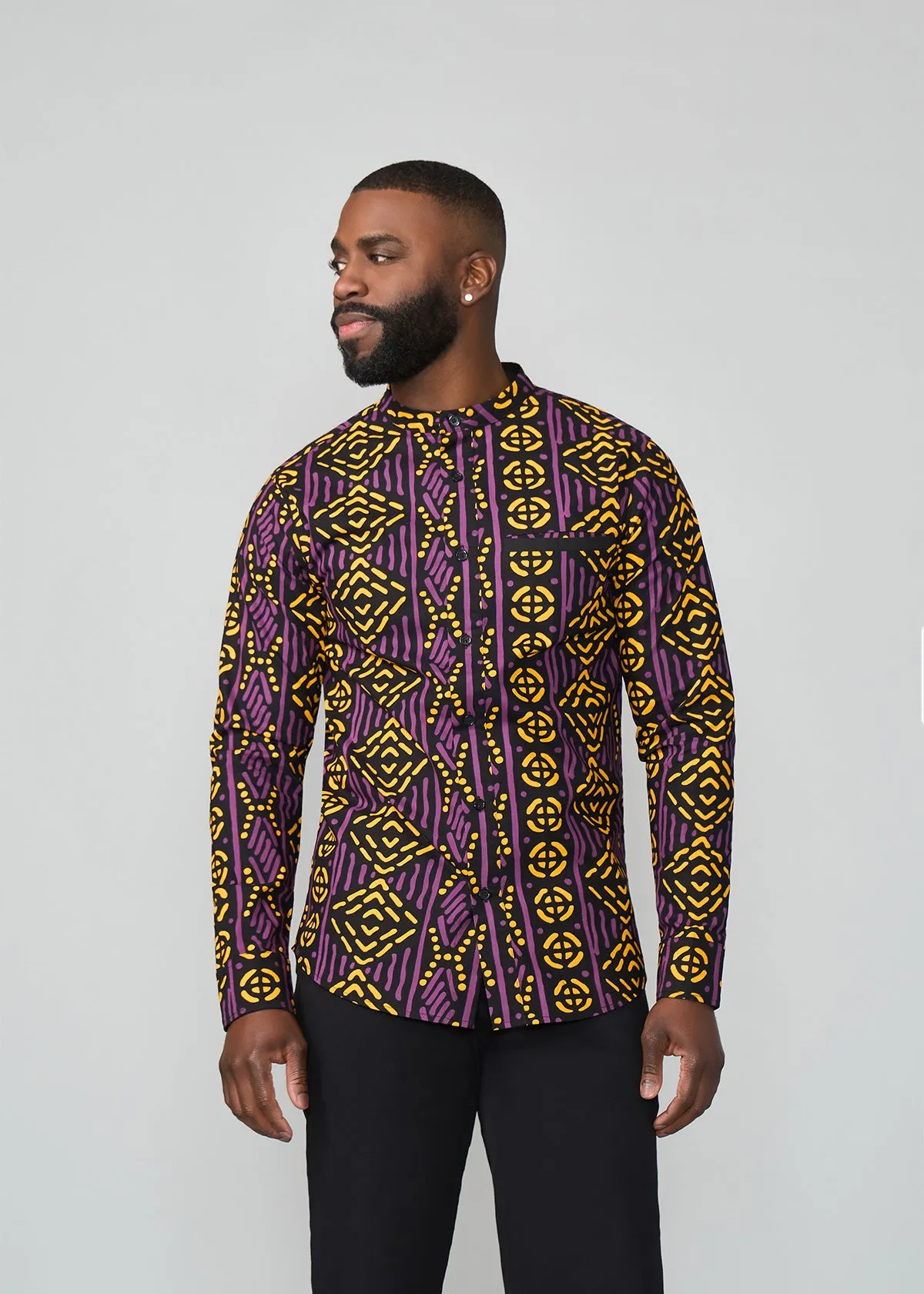 Jamal Men's African Print Mandarin Shirt (Gold Purple Mudcloth)