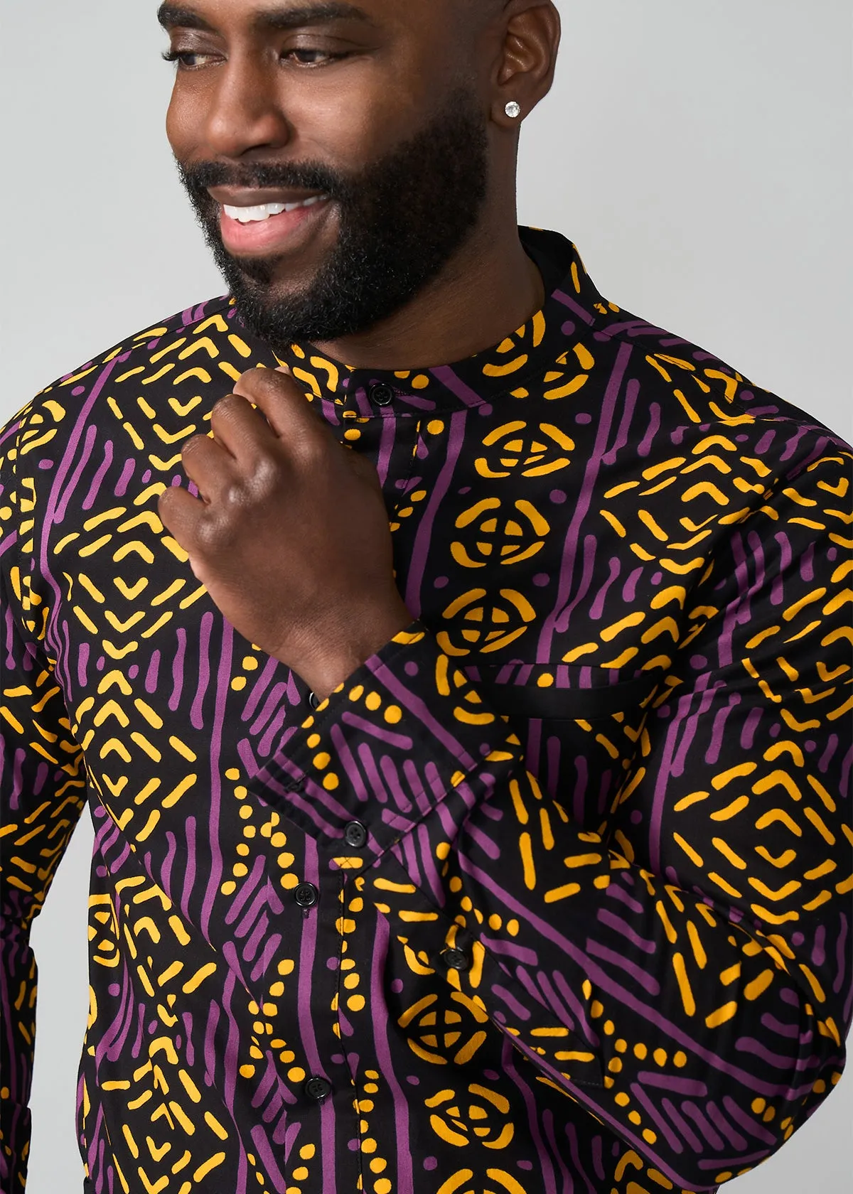 Jamal Men's African Print Mandarin Shirt (Gold Purple Mudcloth)