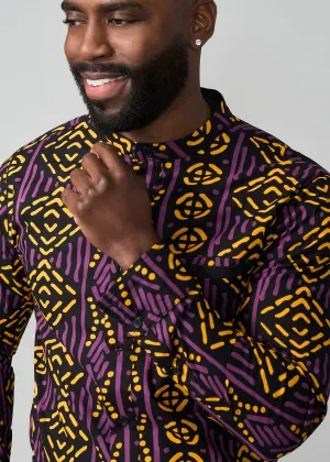Jamal Men's African Print Mandarin Shirt (Gold Purple Mudcloth)